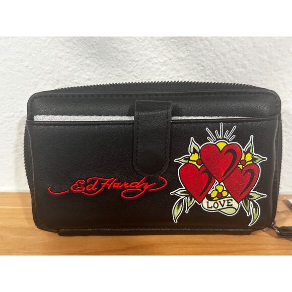 Ed Hardy Black Vegan Leather Wallet Hearts Love Tattoo Zip Around Wristlet NWT - Picture 2 of 5